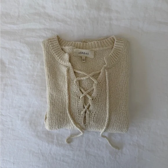 THE GREAT. Cream Lace-Up Knit Sweater - Picture 1 of 3